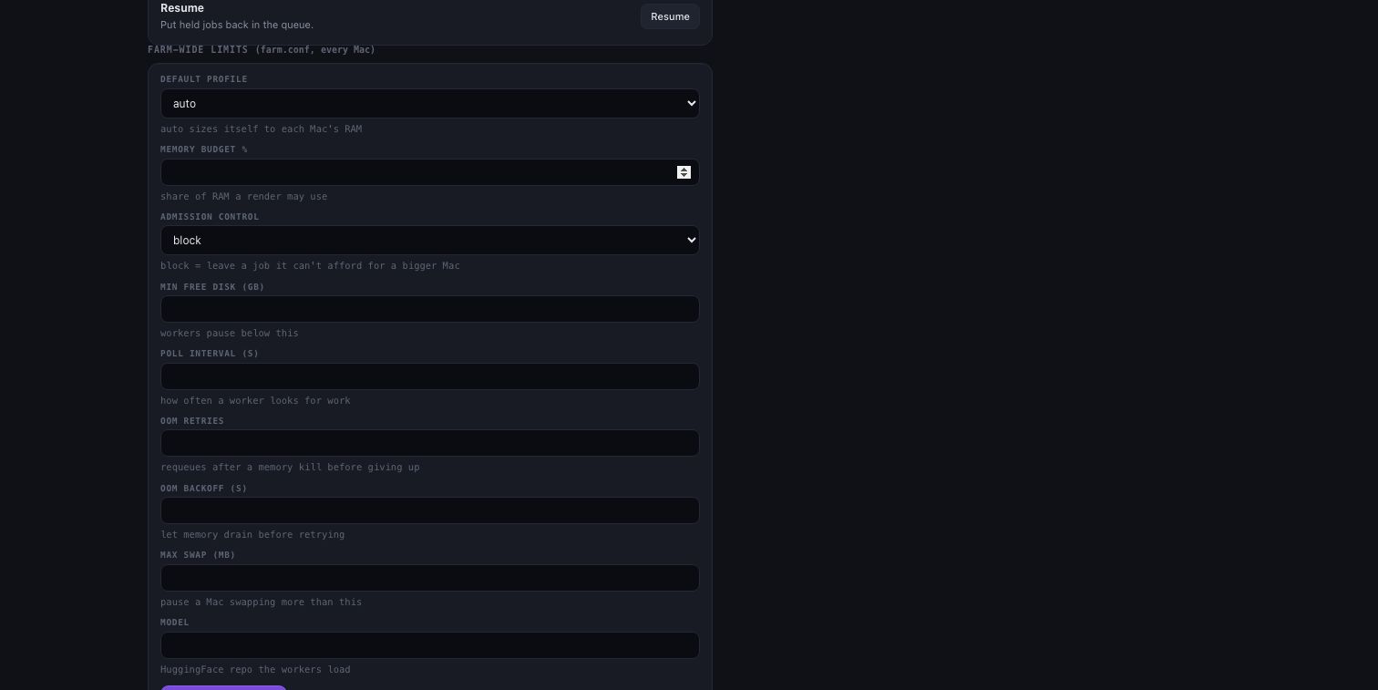 Farm-wide limits in farm.conf: default profile auto, memory budget, admission control set to block, OOM retries and backoff